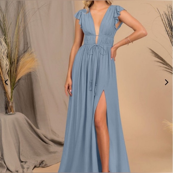 Azazie "Santorini" Blue Maxi Dress Size 16 plunging v neck black tie formal - Picture 12 of 12